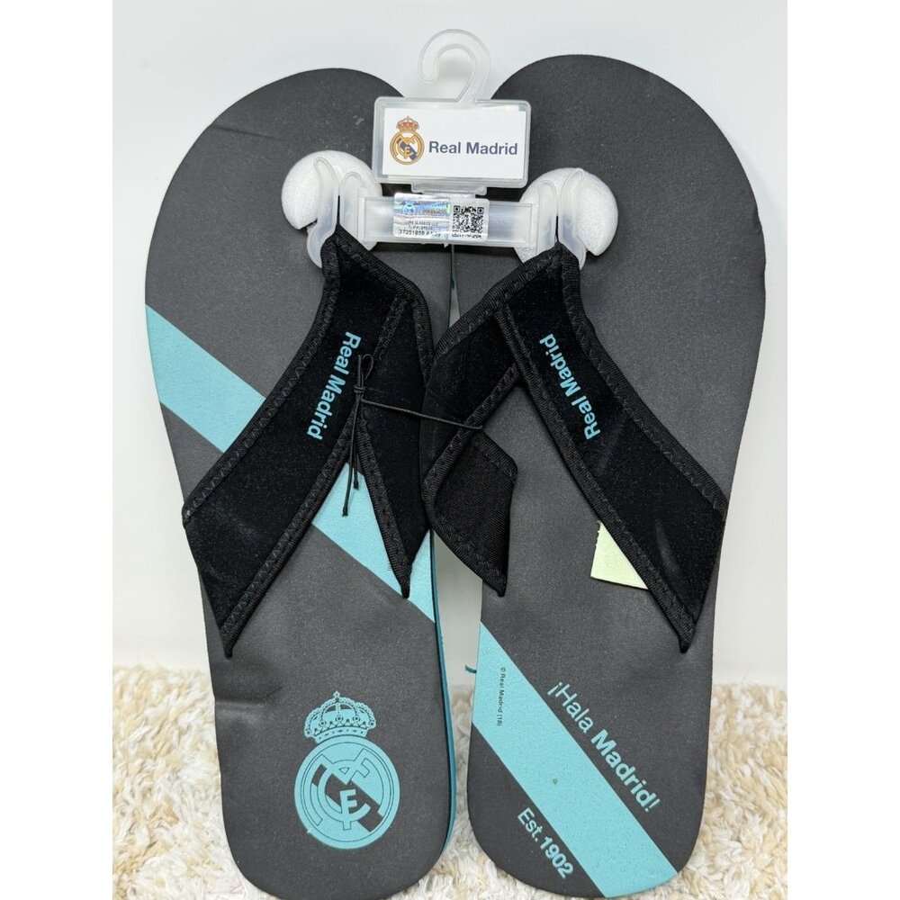 Real Madrid HALA MADRID ! Black & Aqua Men’s Sandals Size XL (US 12-13)